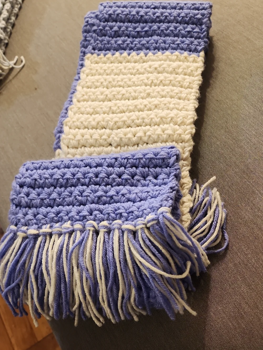 Handknit  Crochet Fringe Scarf in Lavender and Cream